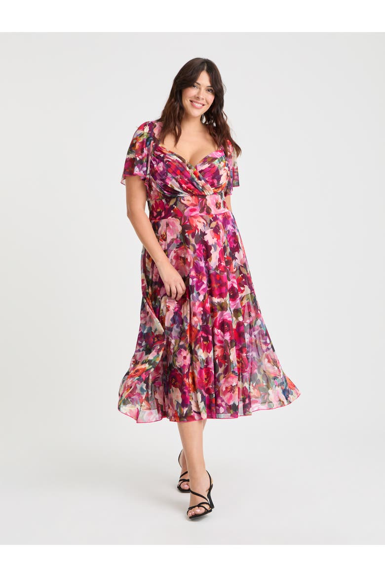 Liz Printed Wrap Bodice Midi Dress, Main, color, Vintage Rose