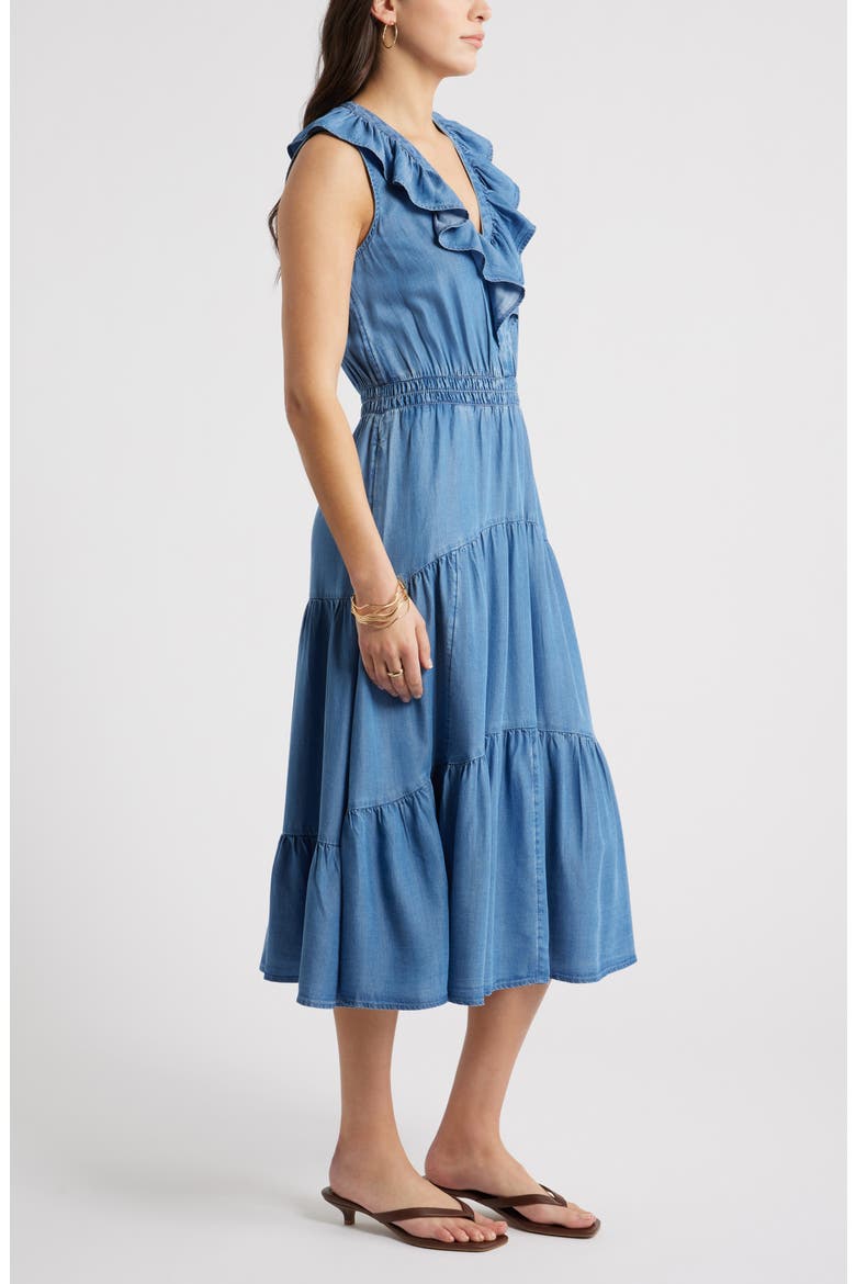 Ruffle Sleeveless Chambray Maxi Dress, Alternate, color, MEDIUM WASH