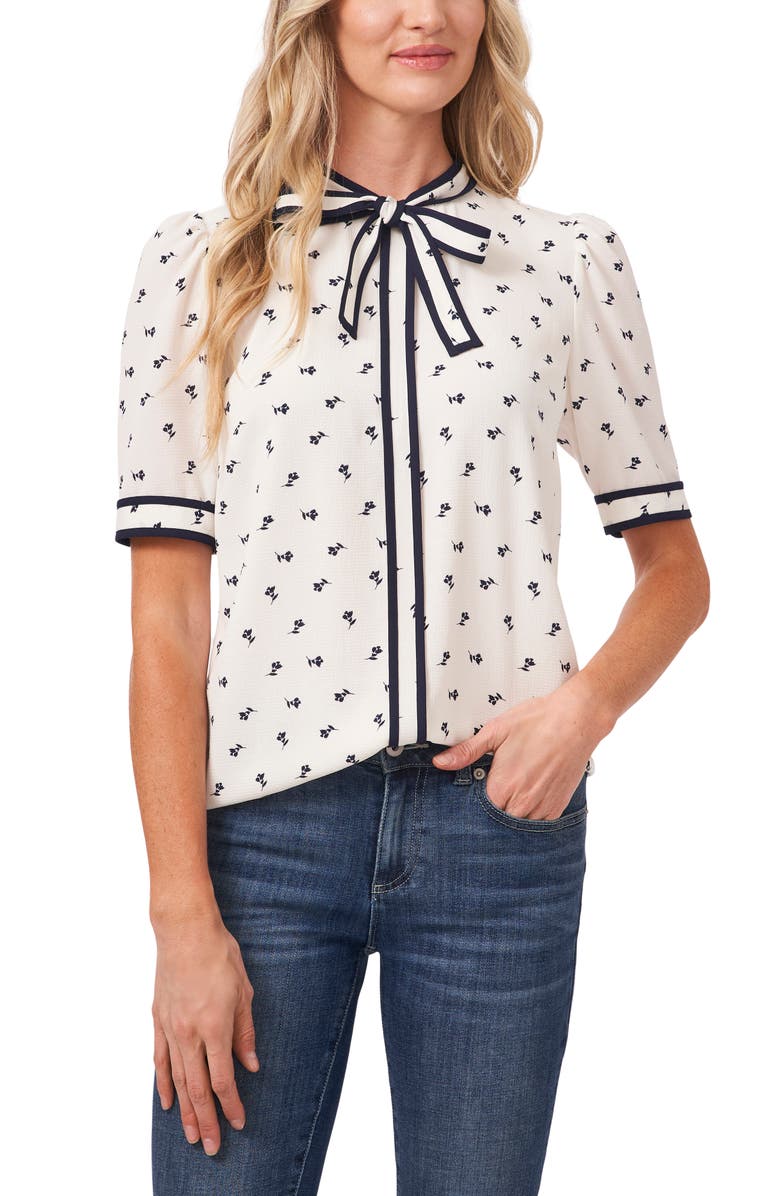 CeCe Tulip Ditsy Tie Neck Blouse, Main, color,
