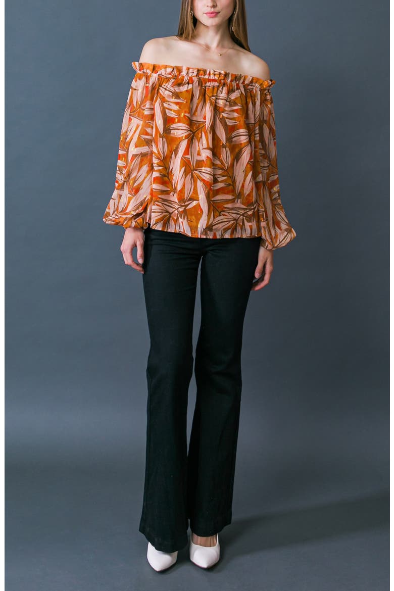 Print Off the Shoulder Top, Alternate, color, ORANGE BROWN