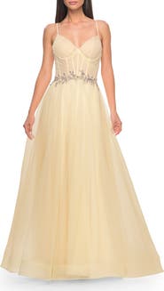 La Femme A-Line Prom Gown with Ruched Bodice and Rhinestone Belt Detail