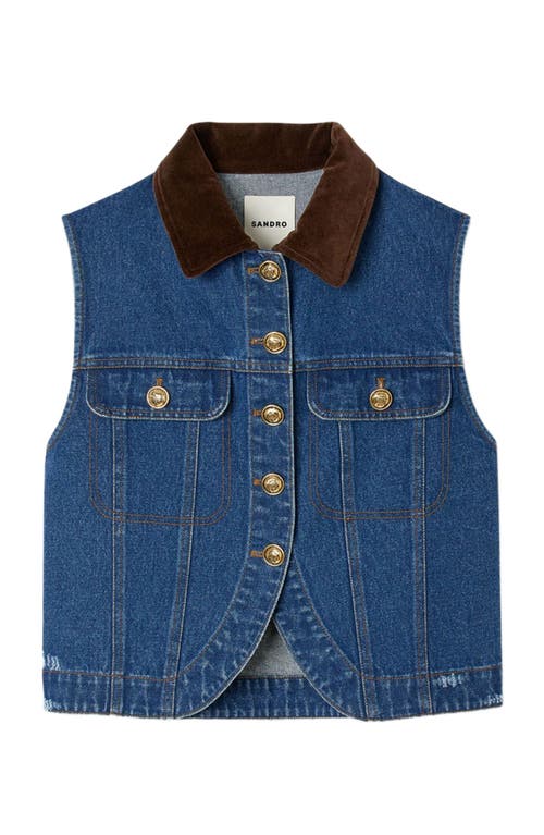 Sandro Womens Blue Jean Contrast-collar Button-down Sleeveless Denim Jacket In Blue