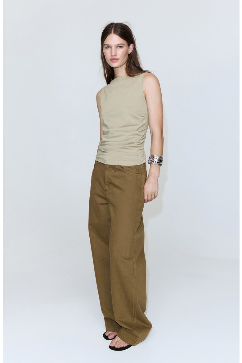 Ruched Stretch Cotton Sleeveless Top, Alternate, color, KHAKI