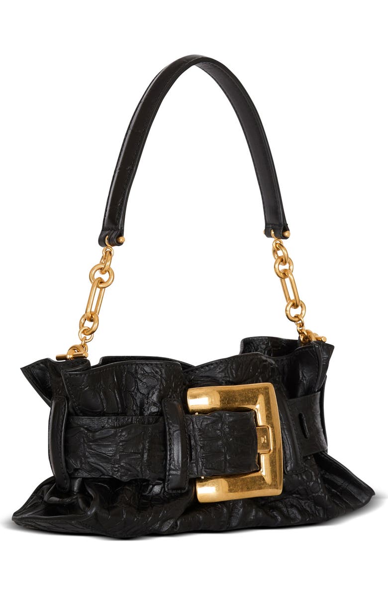 Balmain Mini Anthem bag in embossed crocodile-print calfskin, Alternate, color, Black