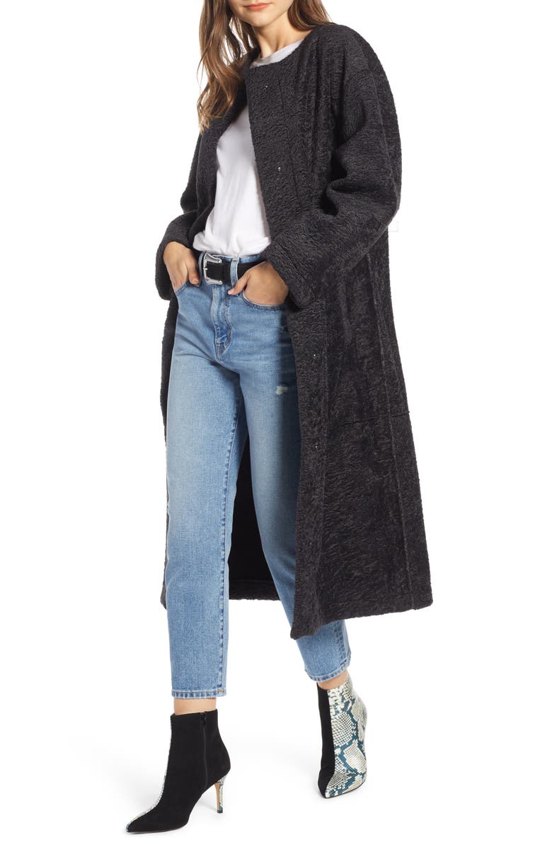 Something Navy Long Faux Shearling Coat, Main, color, 