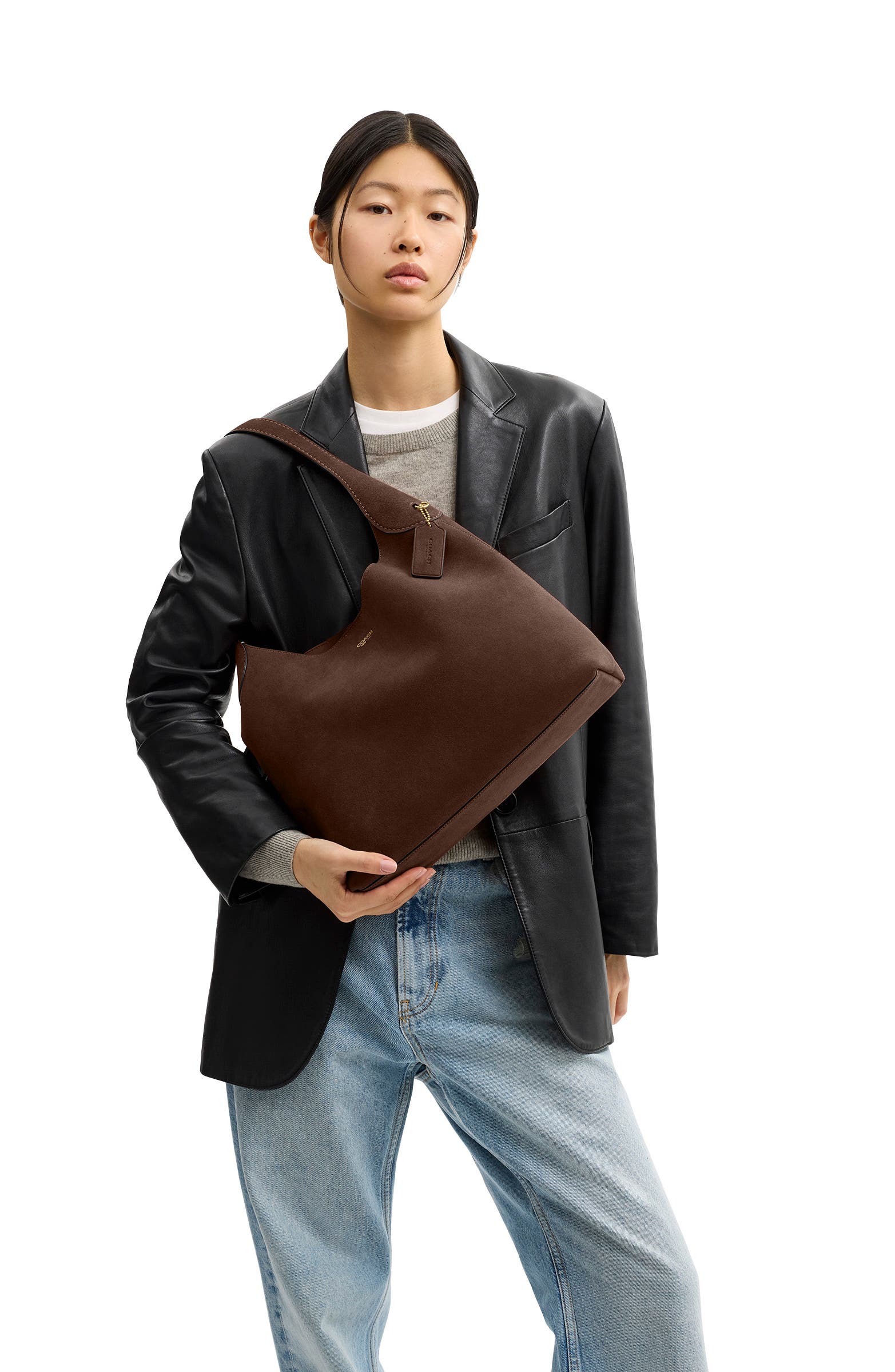 Brooklyn 34 Suede Shoulder Bag, Alternate, color, DARK CHOCOLATE