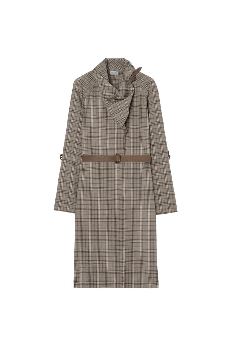 Scarf Collar Check Wool Dress, Alternate, color, Linen beige/mole grey