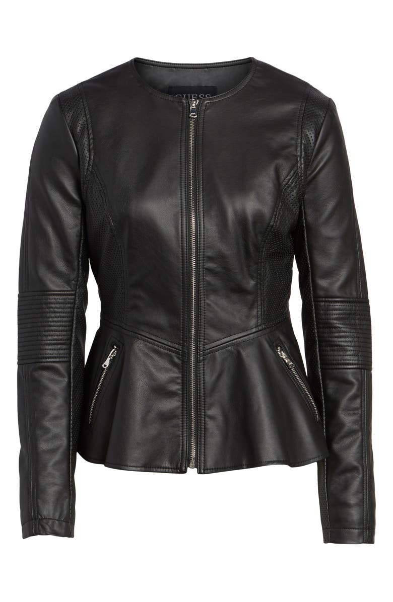GUESS Perforated Peplum Hem Faux Leather Jacket, Alternate, color,