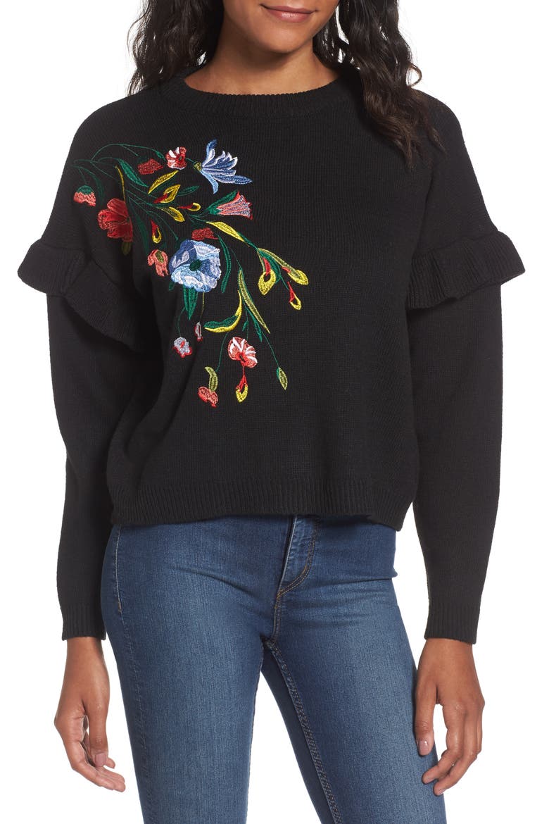 Ruffle Sleeve Embroidered Sweater, Main, color, BLACK