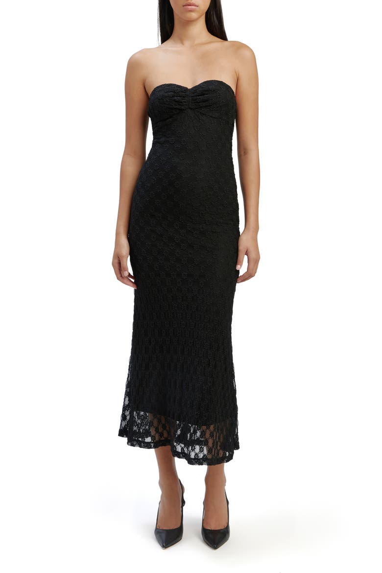Adoni Floral Embroidered Mesh Strapless Midi Dress, Main, color, BLACK