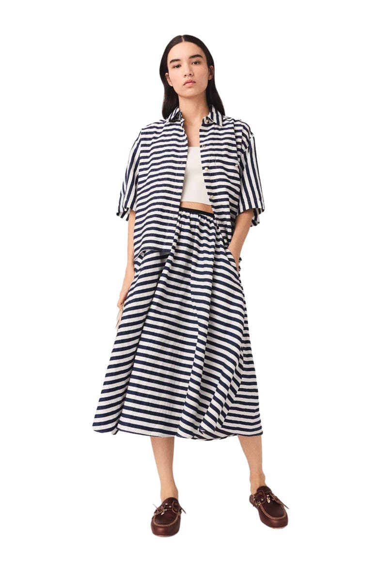 Linen-blend midi skirt, Alternate, color, White/blue