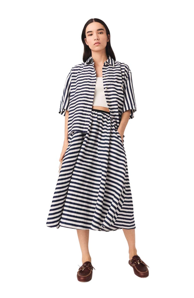 maje Linen-blend midi skirt, Alternate, color, White/Blue