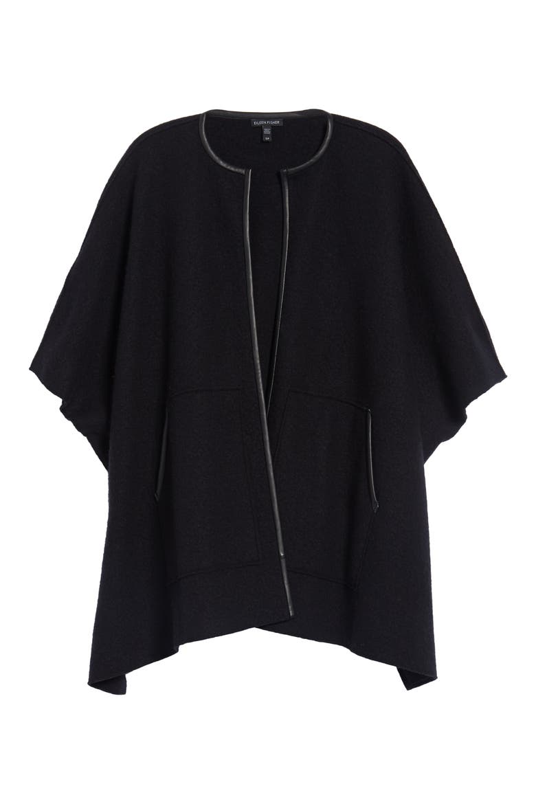 Boiled Wool Poncho Jacket with Leather Trim, Alternate, color, BLACK