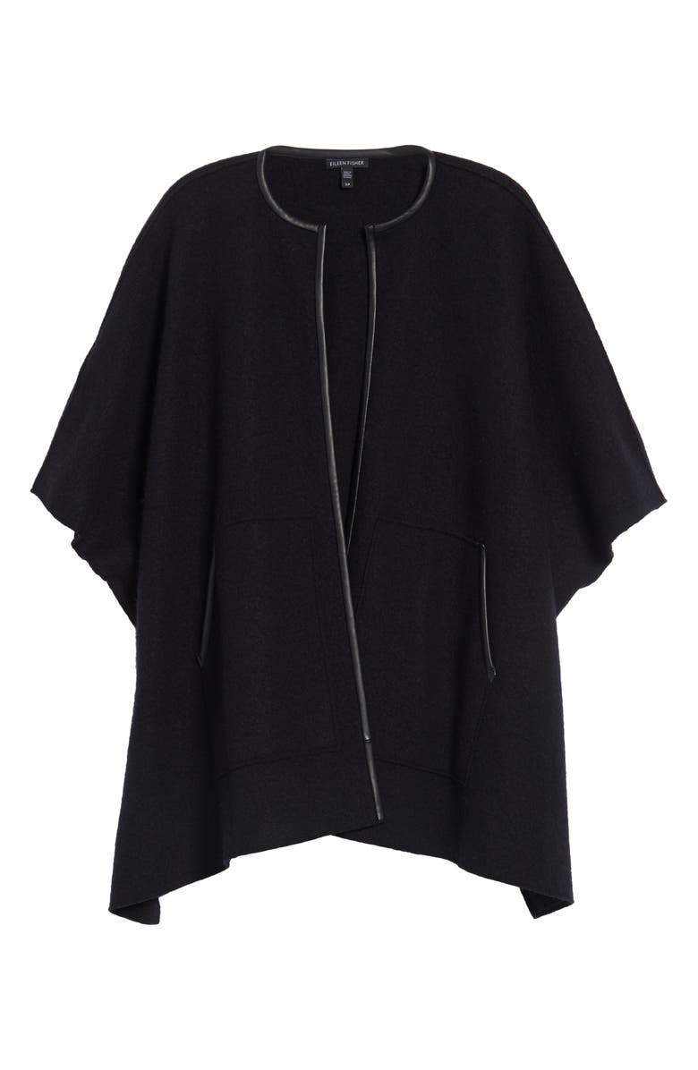 Eileen Fisher Boiled Wool Poncho Jacket with Leather Trim, Alternate, color, 
