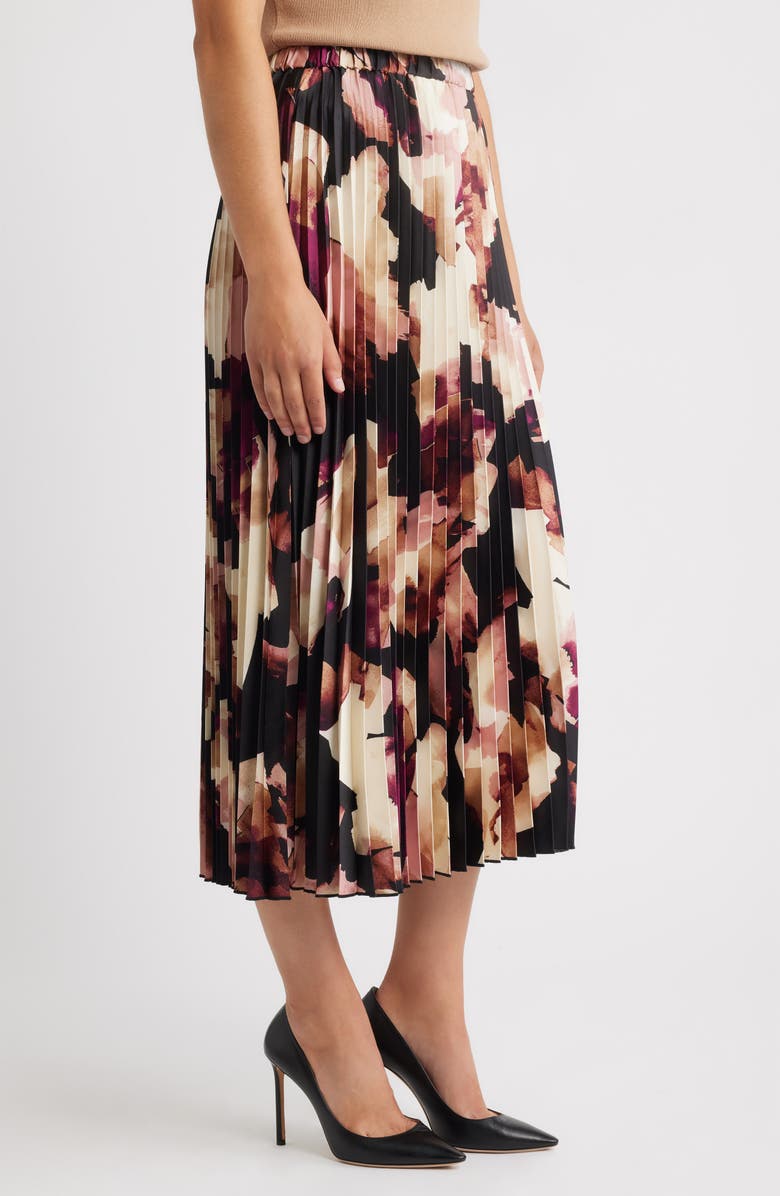 Anne Klein Pleated Pull-On Midi Skirt, Alternate, color, Anne Black Multi