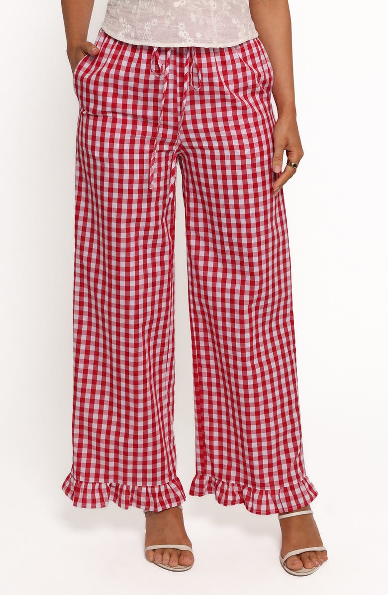 Petal & Pup Marina Gingham Ruffle Hem Cotton Pants, Main, color, Red Gingham