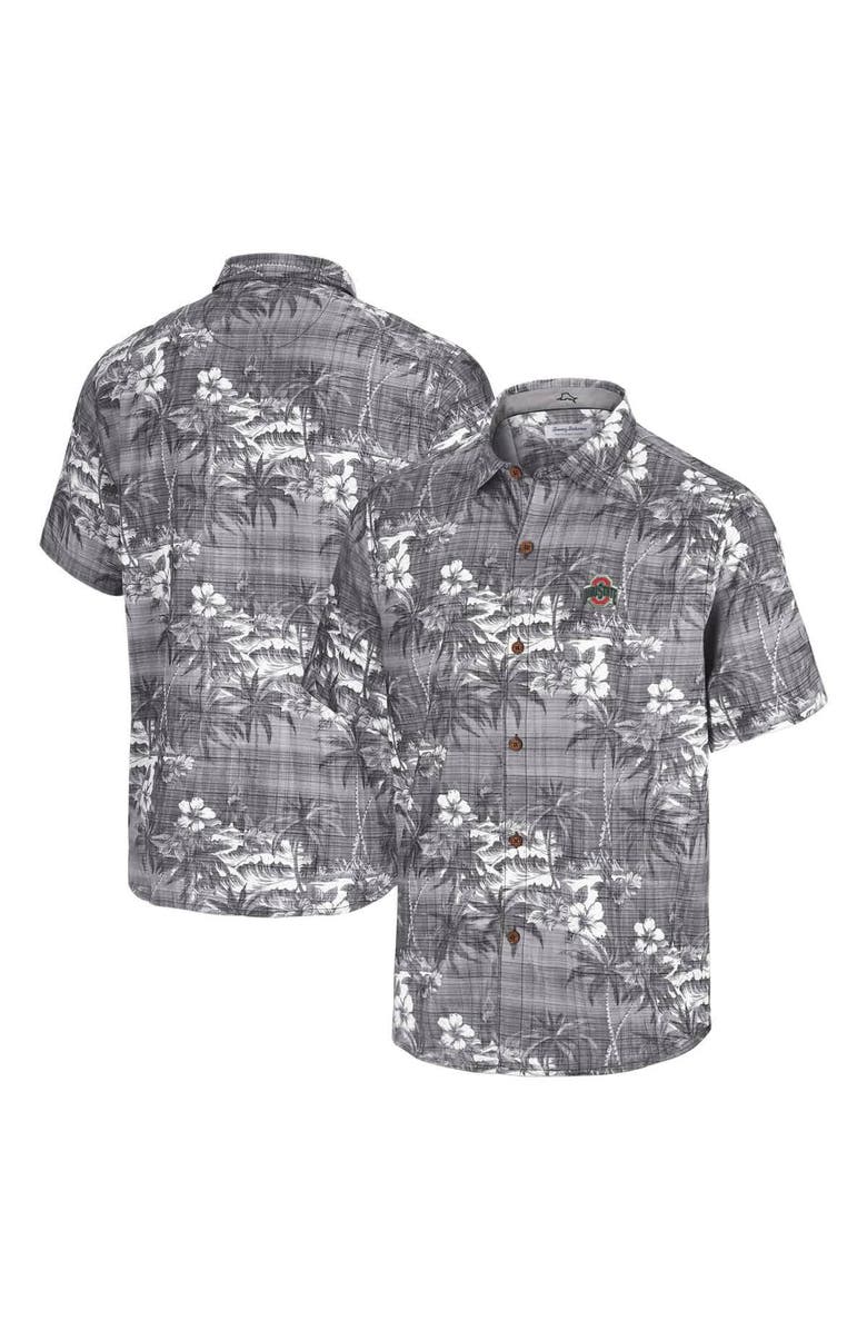Tommy Bahama Men's Tommy Bahama Black Ohio State Buckeyes Coconut Point Palmetta IslandZone Camp Button-Up Shirt, Main, color, Black