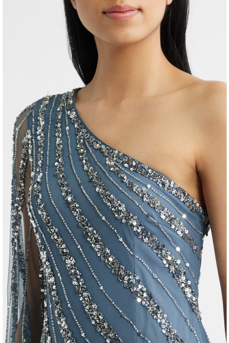 Sequin Beaded One-Shoulder Gown, Alternate, color, GREY