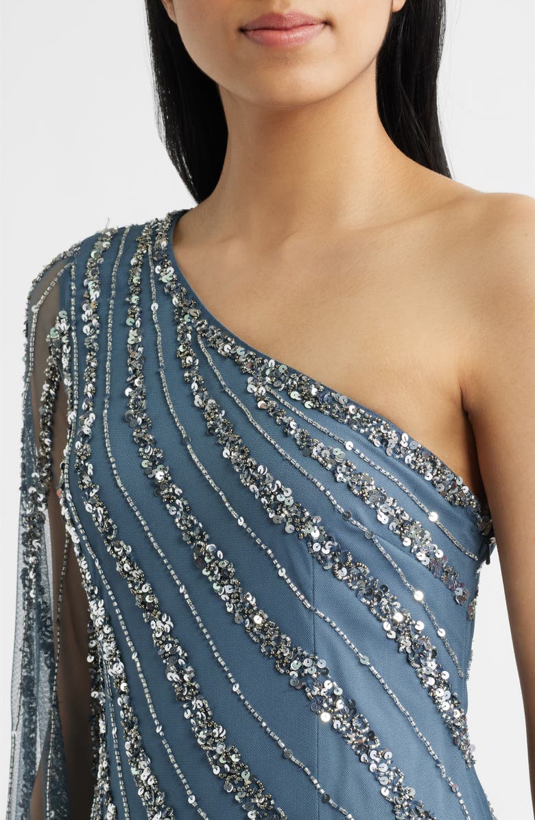 Pisarro Nights Sequin Beaded One-Shoulder Gown, Alternate, color, Grey