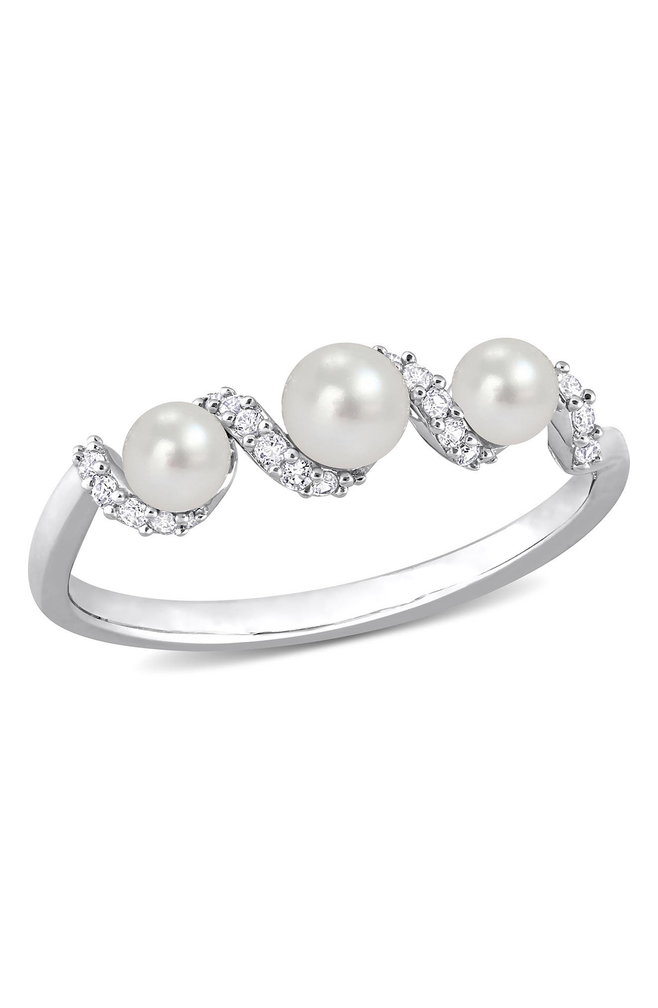 DELMAR Sterling Silver 3.5-4mm Cultured Freshwater Pearl White Sapphire Ring