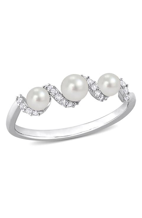 Sterling Silver 3.5-4mm Cultured Freshwater Pearl White Sapphire Ring