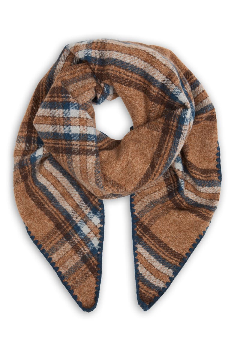 Plaid Triangle Knit Trim Shawl, Main, color, DARK TAUPE/ BLUE MULTI
