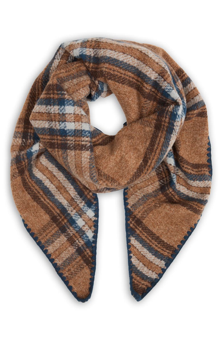 SAACHI Plaid Triangle Knit Trim Shawl, Main, color, Dark Taupe/ Blue Multi