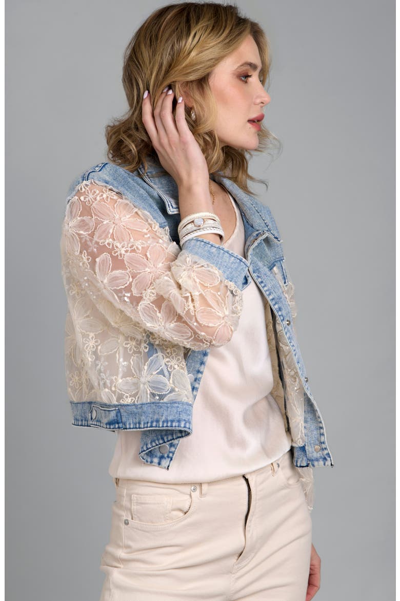 Denim Lace Trucker Jacket, Alternate, color, BLUE