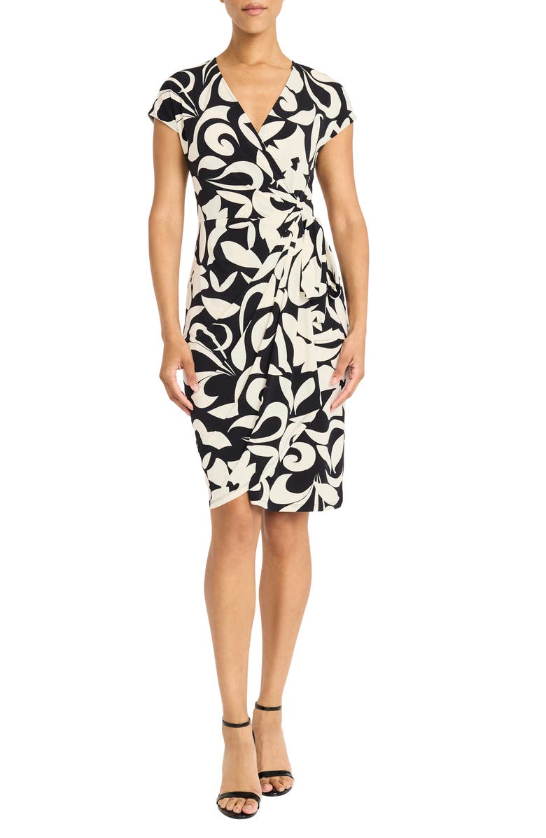 Maggy London Matte Jersey Faux Wrap Dress, Main, color, Black/ Ivory