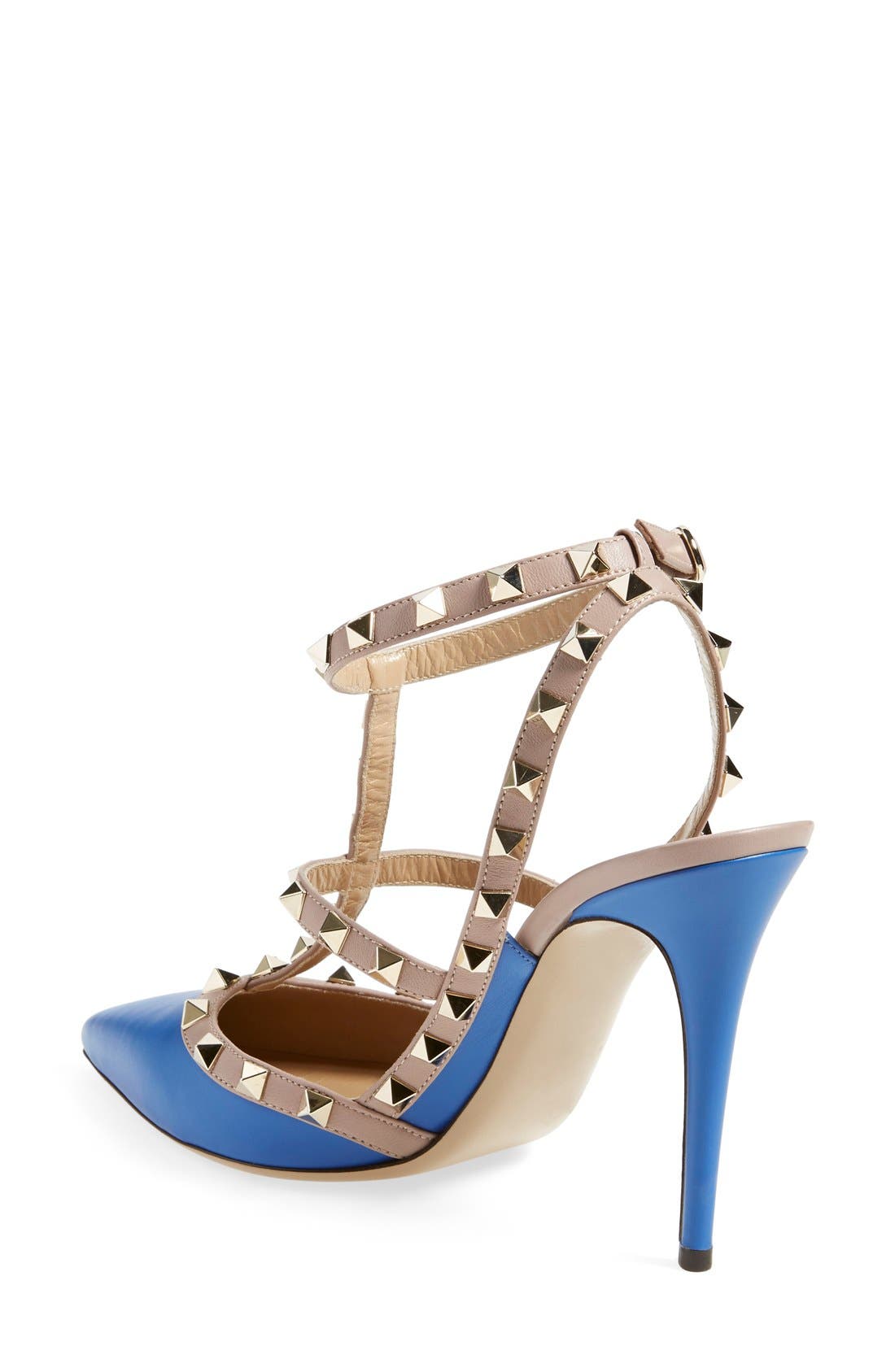 Rockstud Pointed Toe T-Strap Pump, Alternate, color, LIGHT SAPPHIRE LEATHER