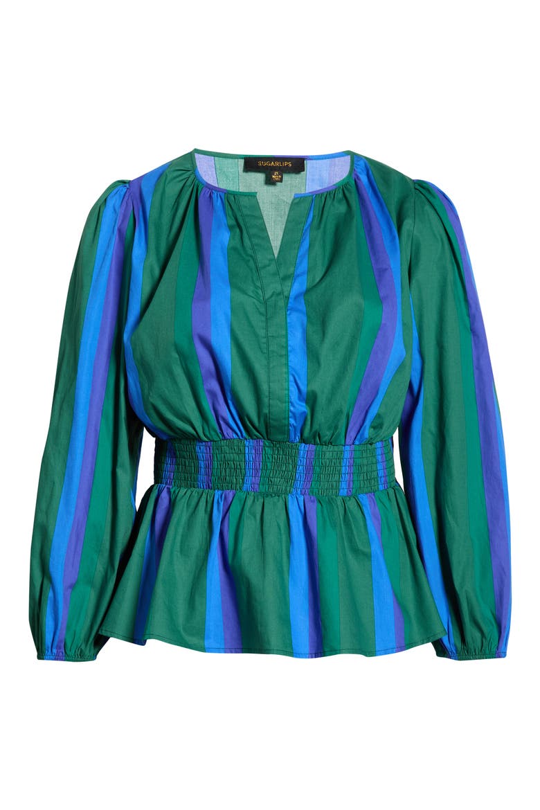 Dolary Stripe Mirana Peplum Popover Top, Alternate, color, EMERALD-BLUES