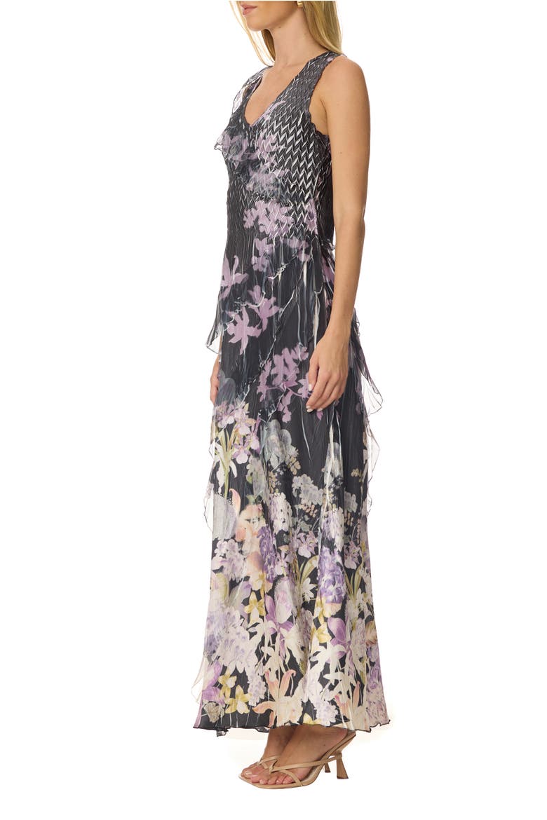 Border Print Chiffon and Chrarmeuse Long Dress, Alternate, color, Orchid Border