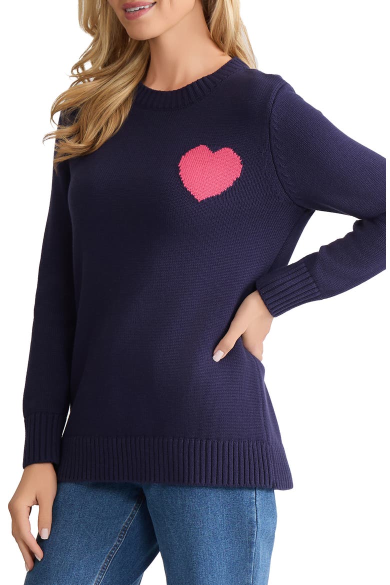 Heart Cotton Blend Intarsia Swetaer, Alternate, color, PACIFIC NAVY / FRESH GUAVA