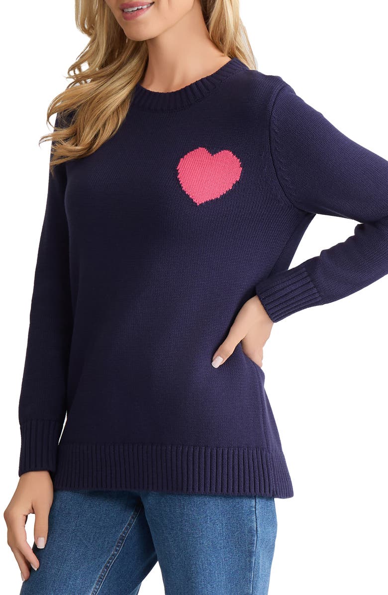 Jones New York Heart Cotton Blend Intarsia Swetaer, Alternate, color, Pacific Navy / Fresh Guava
