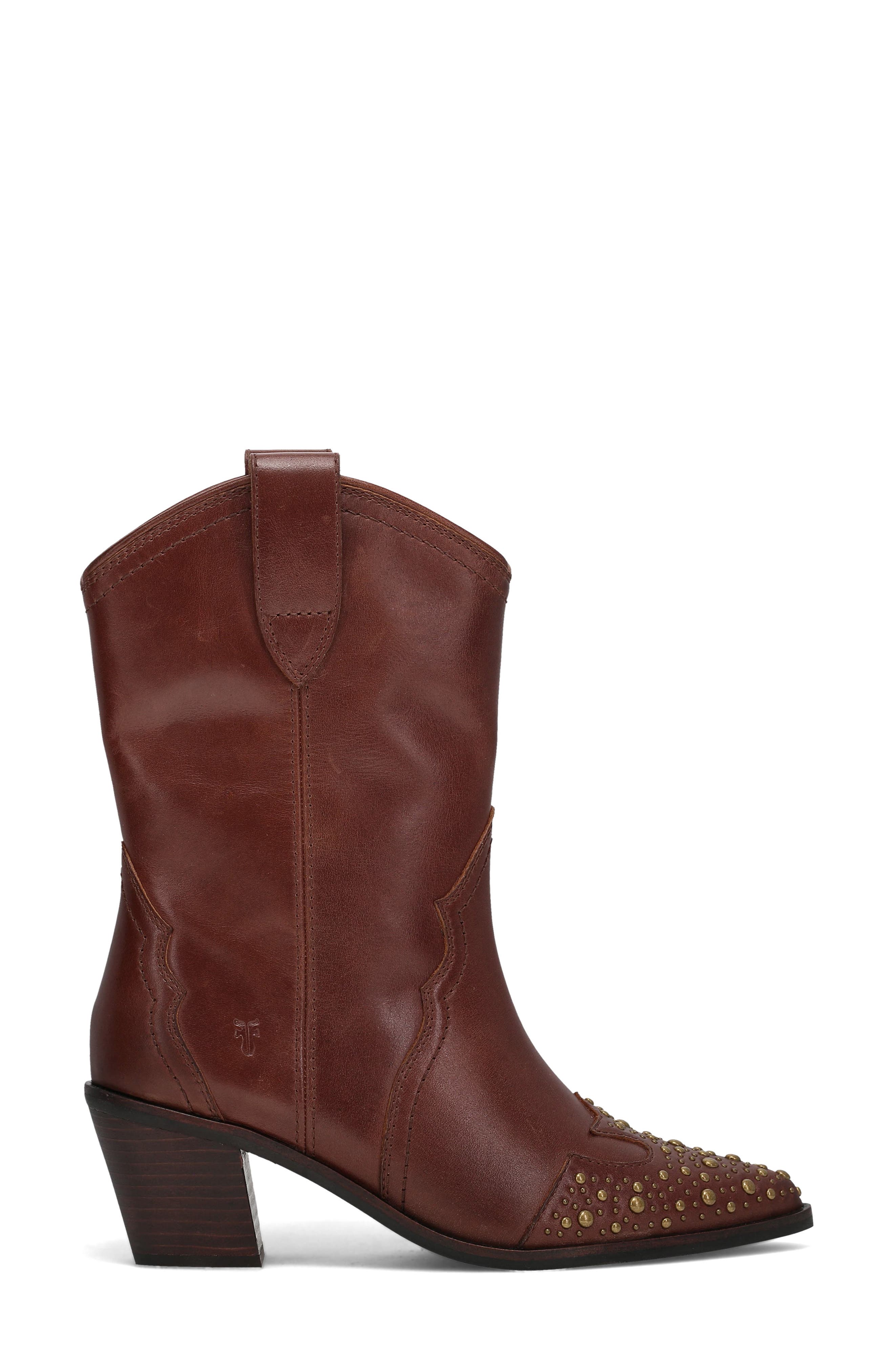 Frye Sara Studded Wingtip Western Boot, Alternate, color, Saddle