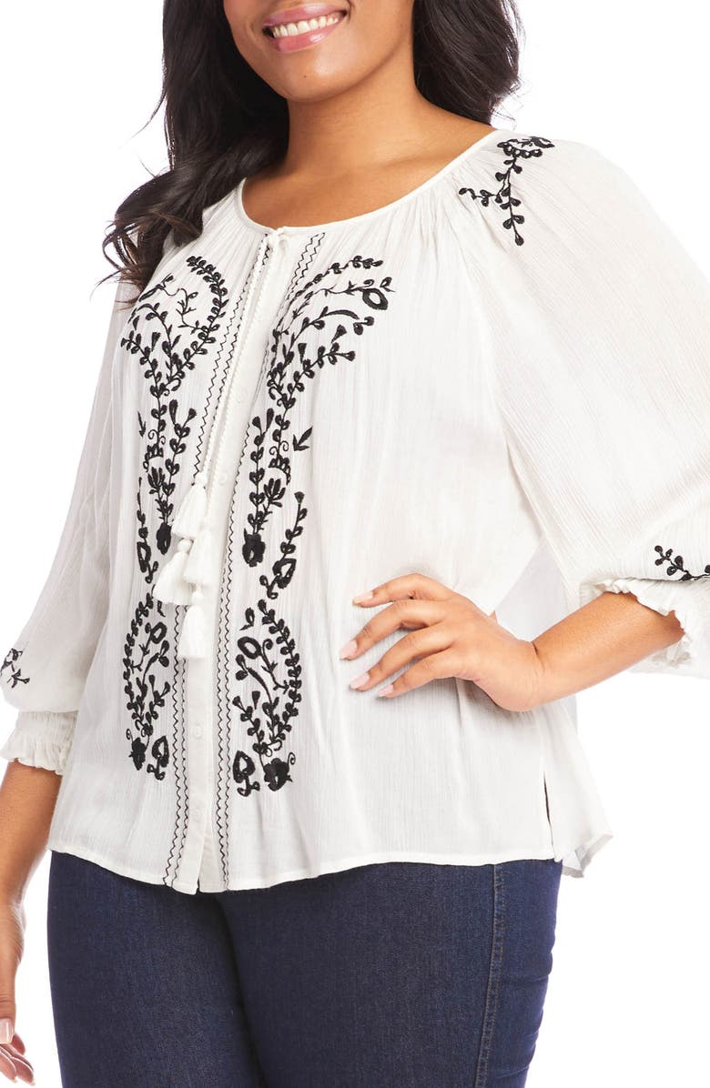 Karen Kane Embroidered Tie Neck Button-Up Peasant Top, Alternate, color, White