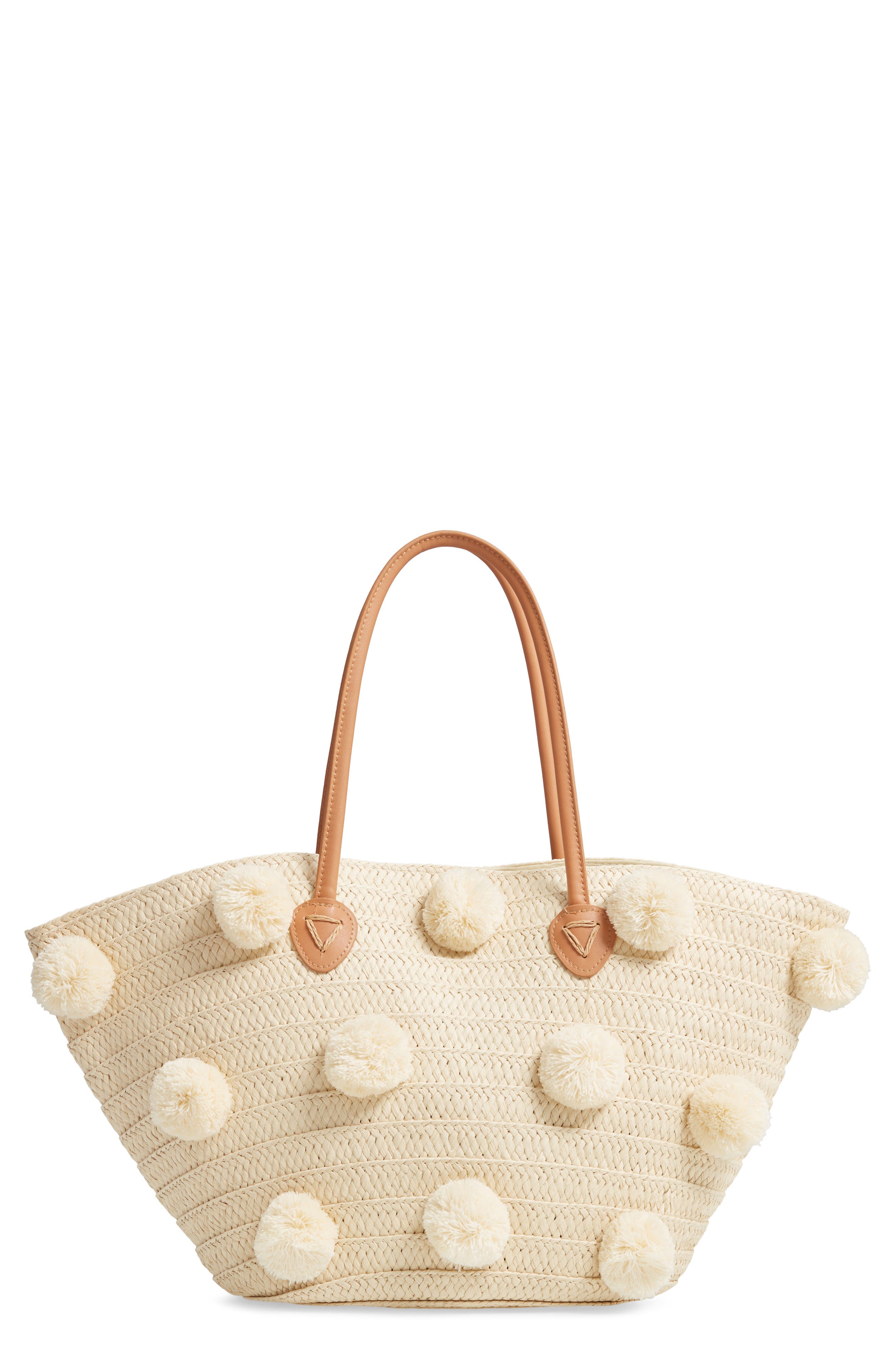 Klo Pompom Straw Tote, Main, color, IVORY