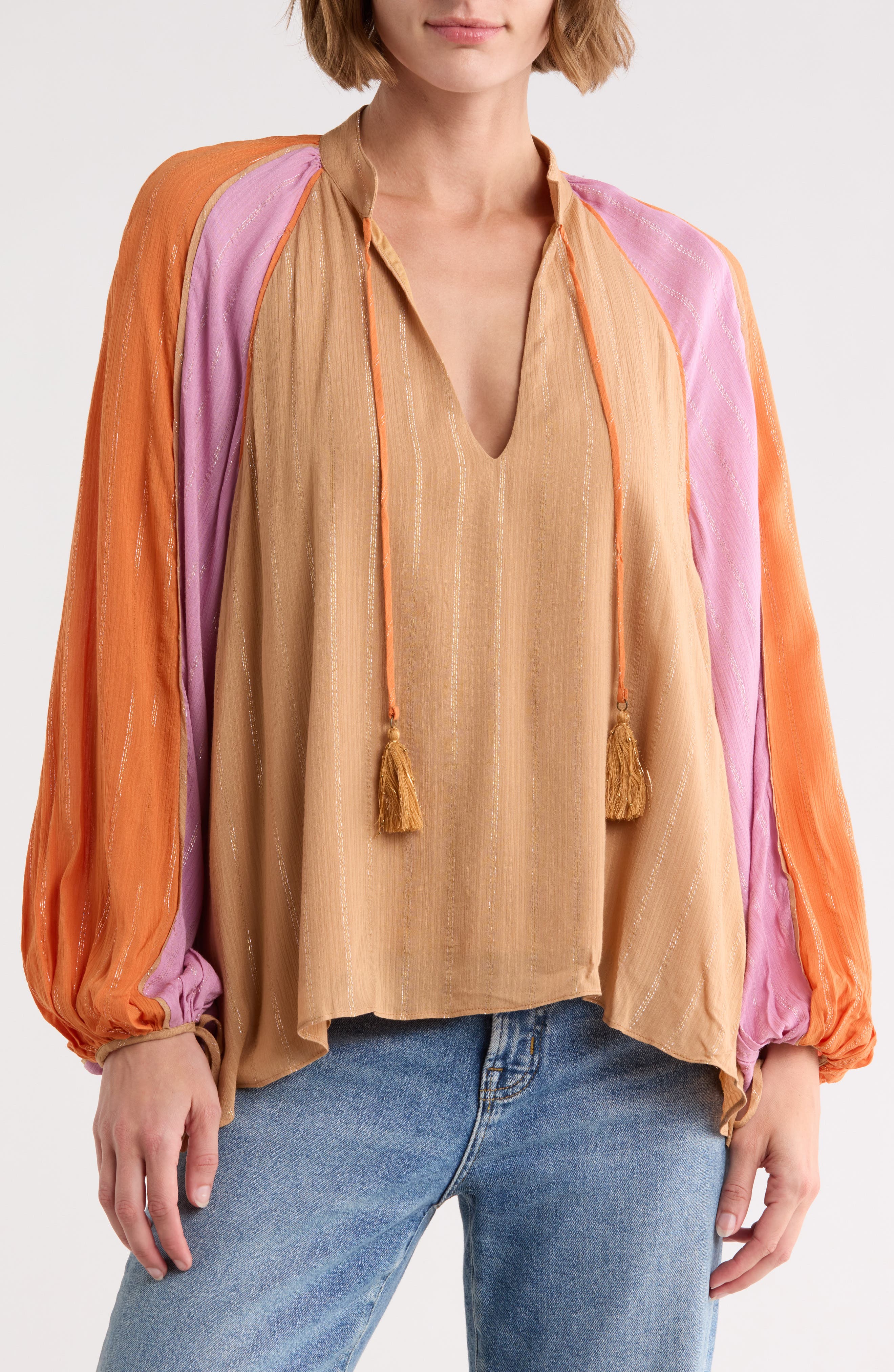 DRESS TO Lurex Stripe Split Neck Long Sleeve Top