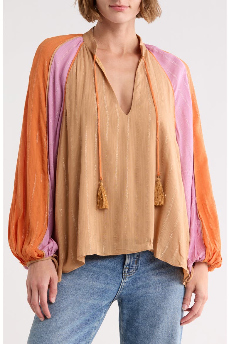 Lurex Stripe Split Neck Long Sleeve Top, Main, color, COLORIDO