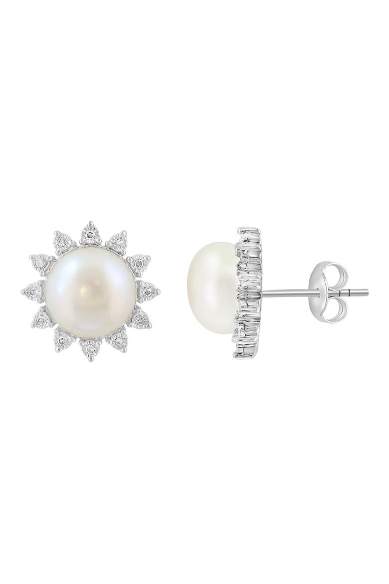 Sterling Silver Pearl Diamond Halo Stud Earrings, Main, color, WHITE