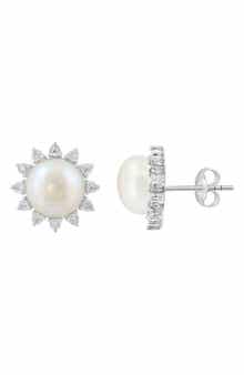 EFFY Sterling Silver Pearl Diamond Halo Stud Earrings