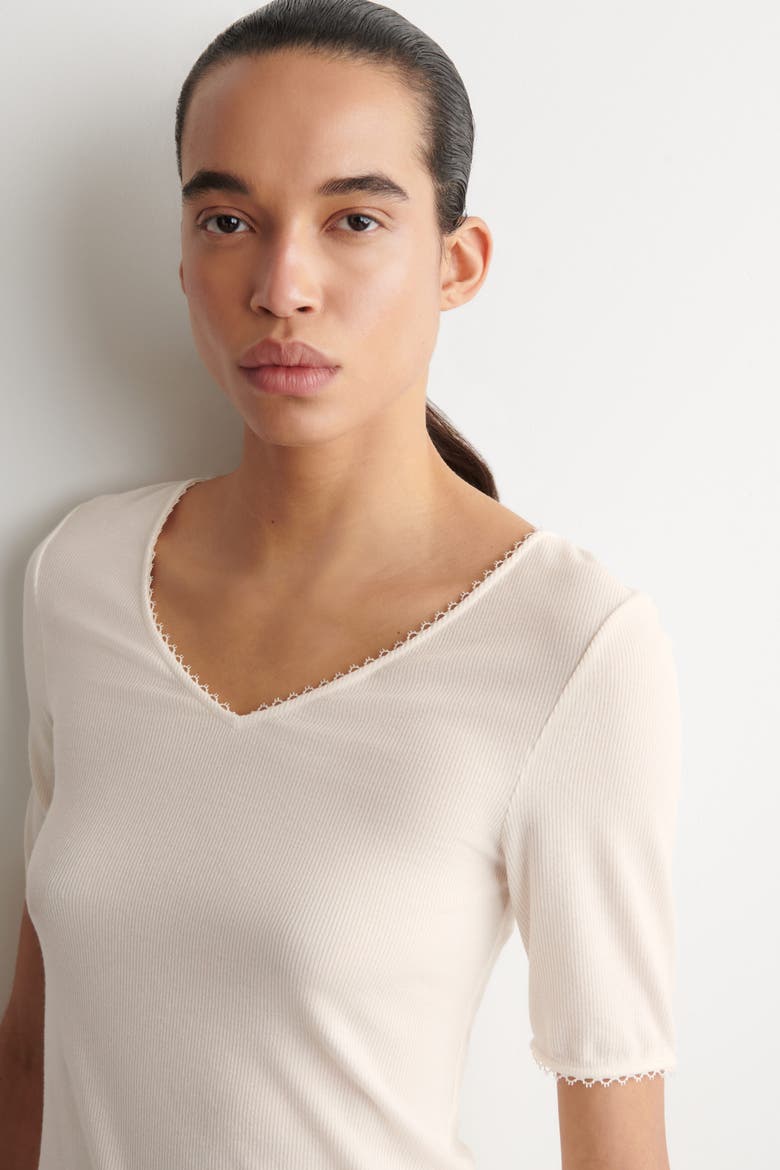 Lace-Trimmed Ribbed V-Neck T-Shirt, Alternate, color, WHITE