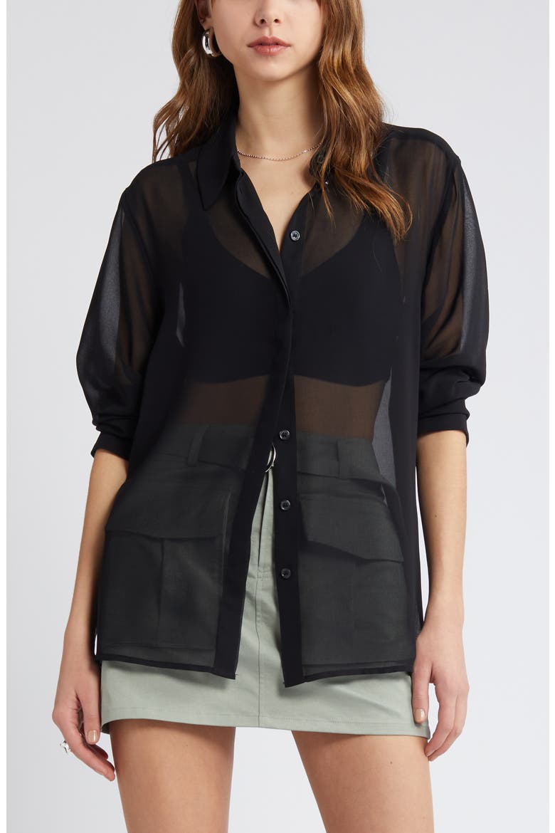 Oversize Semisheer Button-Up Shirt, Main, color, BLACK