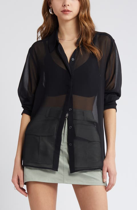 Oversize Semisheer Button-Up Shirt
