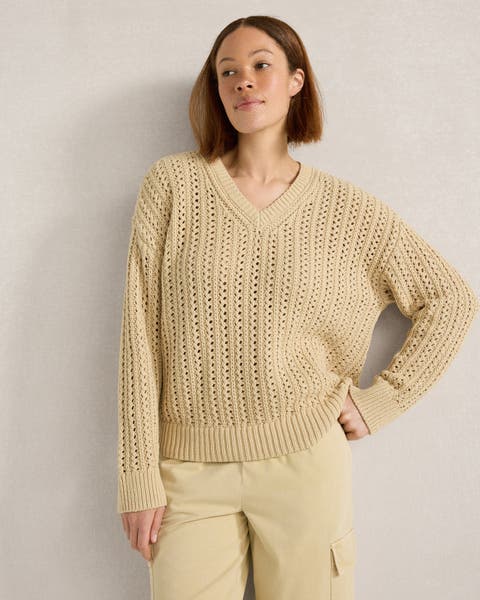 Textured Cotton Blend V-Neck Sweater