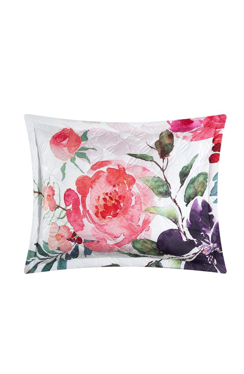 CHIC Ovilos Watercolor Floral Print With Geometric Leaf Pattern On The Reverse King, Quilt Set, Multi Color, 4-Piece, Alternate, color, 