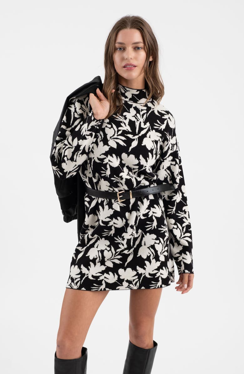 Blu Pepper Floral Jacquard Long Sleeve Sweater Dress, Alternate, color, Black