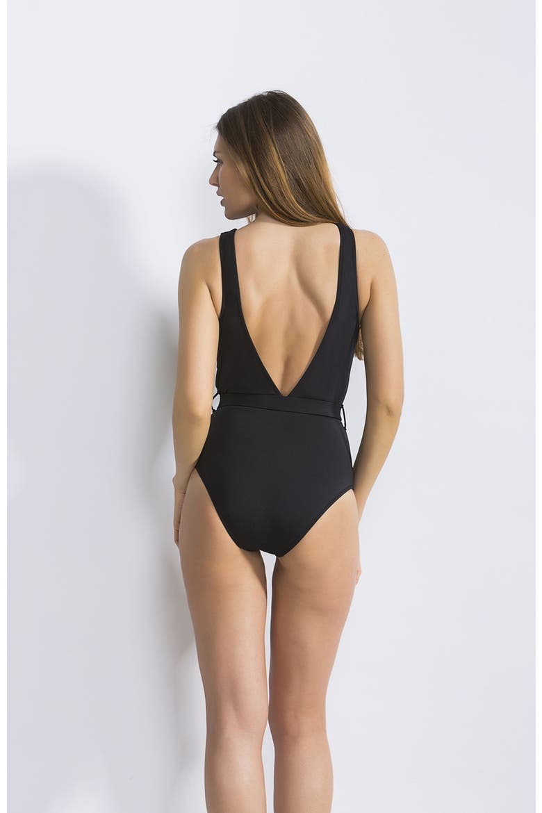 Belted High-Neck with Sheer Mesh V-Inset One-Piece Swimsuit, Alternate, color, Black