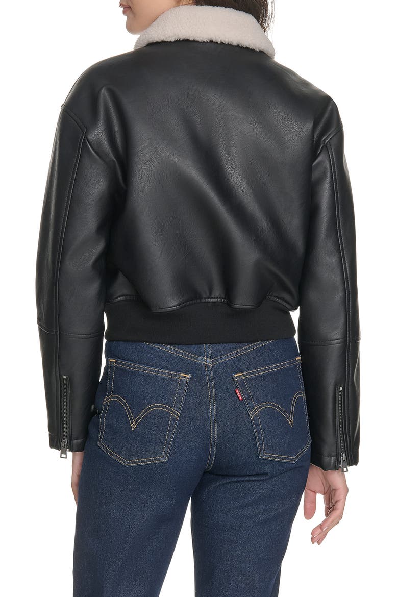 Faux Leather Bomber Jacket with Faux Shearling Collar, Alternate, color, BLACK