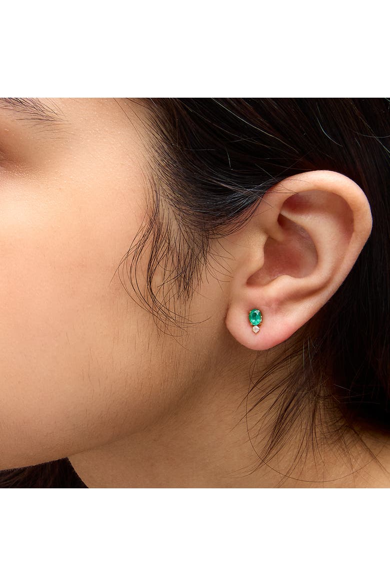 18K Yellow Gold Oval Green Emerald and Diamond Double Drop Stud Earrings, Alternate, color, Yellow Gold